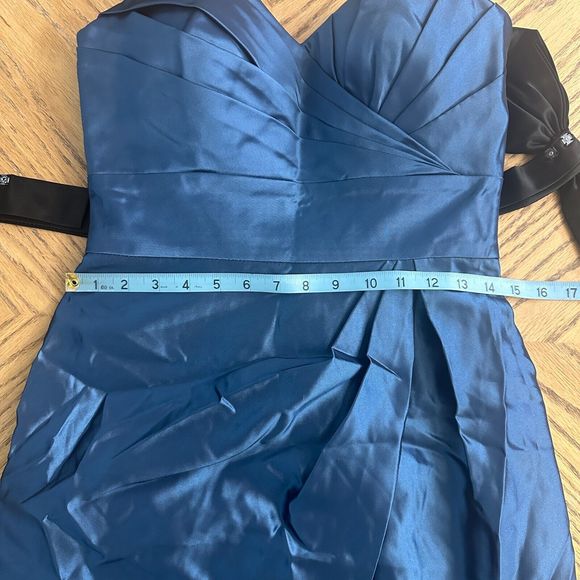 Blue Satin Cocktail Dress Bow Belt Gathered Bustier Strapless Bra Insert Size 8 - Picture 8 of 11